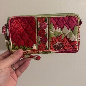 Vera Bradley Retired Hello Dahlia Floral Green Pink White Gold Wristlet